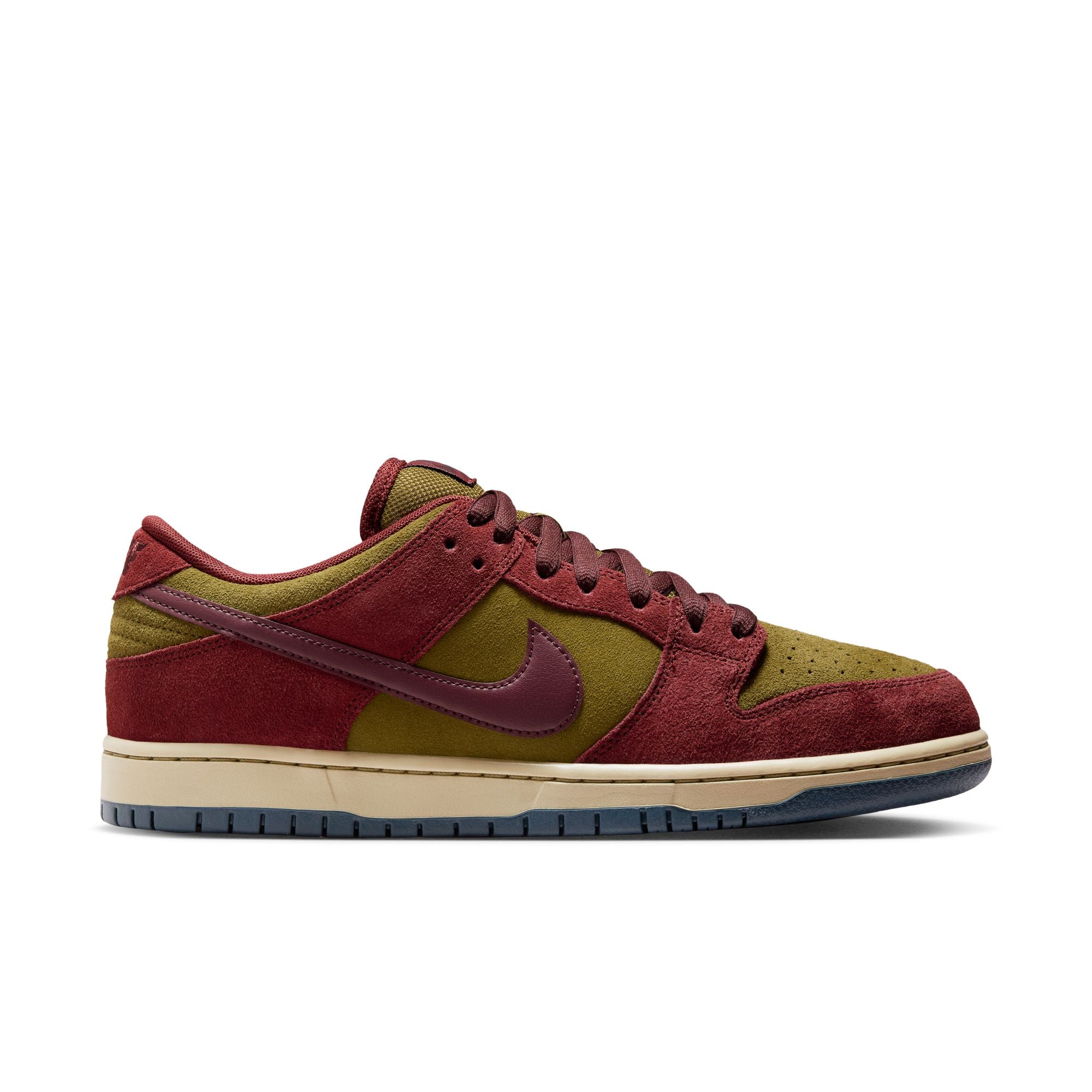 Nike SB Dunk Low Pro in Dark Team Red/Burgundy Crush-Olive Flak