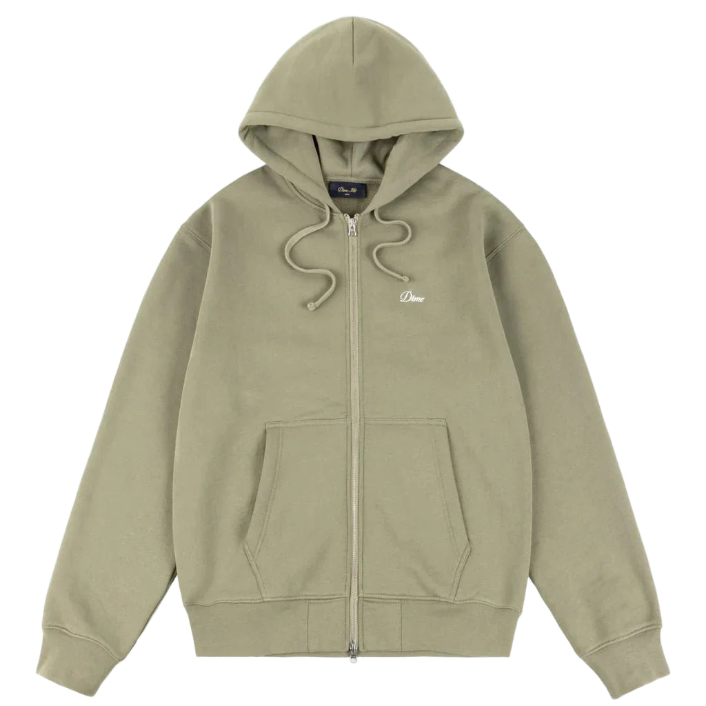 Dime - Cursive Small Logo Zip Hoodie in Army Green