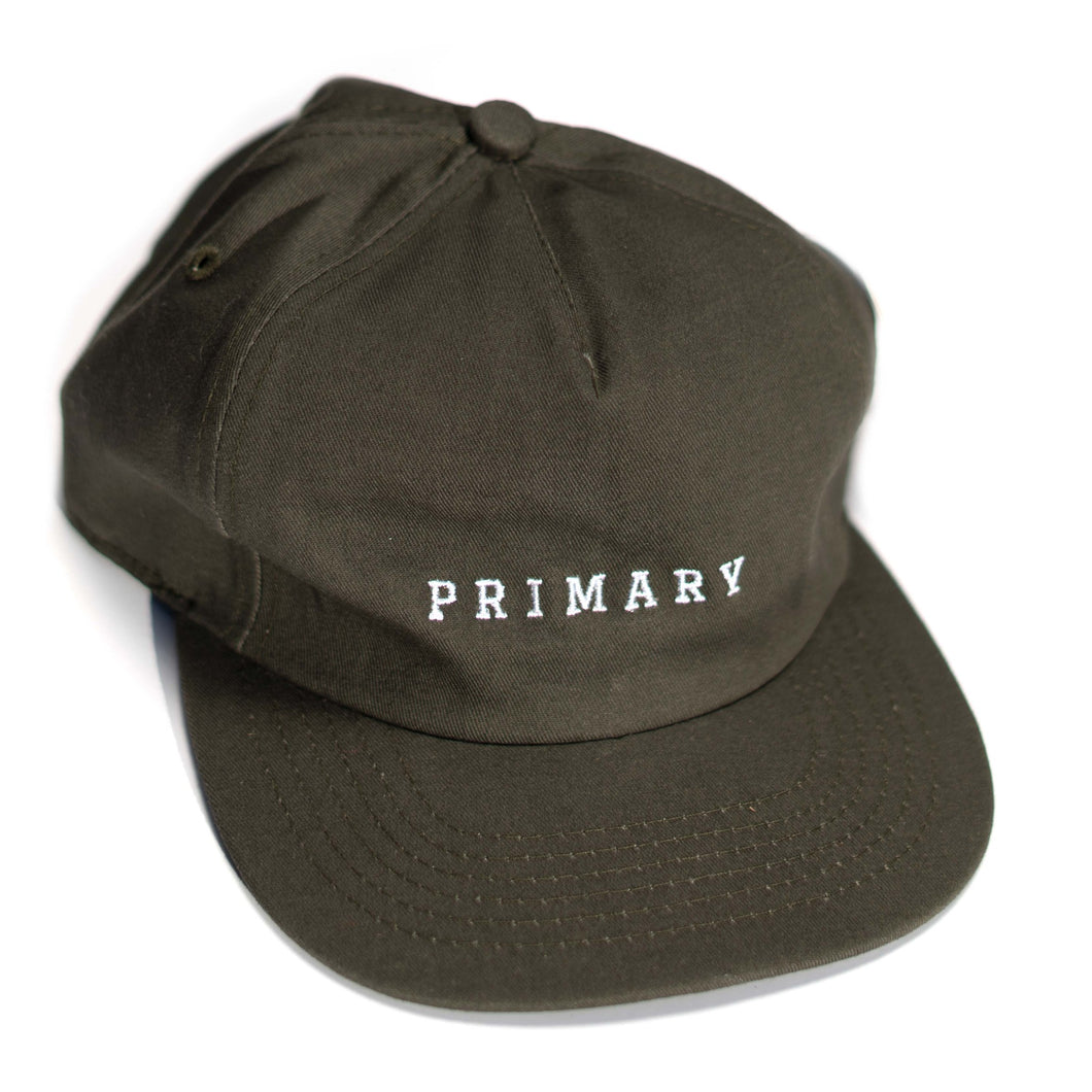 Primary Skateboards Embroidered Unstructured 5 Panel Hat in Olive
